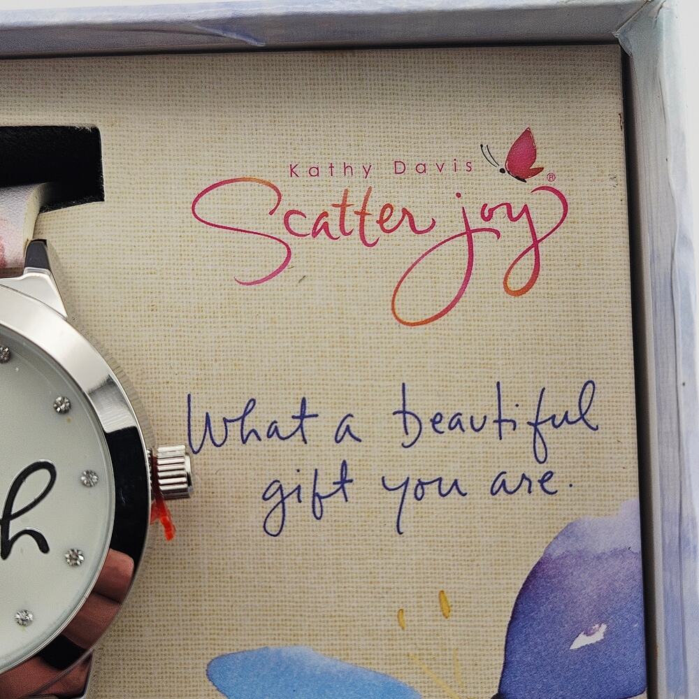 Kathy Davis Scatter Joy Analog Wrist Watch Silver Faith Graphic Pink Floral NEW - Picture 3 of 4